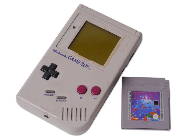 A Game Boy with a Tetris cartridge.