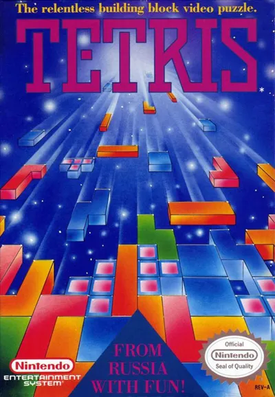 Nintendo Entertainment System Tetris box front featuring the tagline 'The relentless building block video puzzle.'